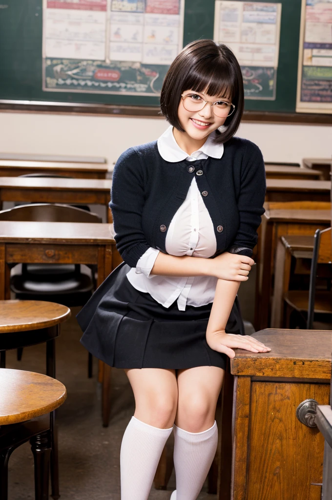 (Surreal Realism), (Awareness-raising), (High resolution), (8k), (Very detailed), (The best Awareness-raisingns), (Beautiful fine details), (highest quality), (Super detailed), (masterpiece), (wallpaper), (Detailed face), (Beautiful smile)、(Beautiful expression)、short hair、Bangs with earrings、Side bangs、solo、((Baby Face))、((Japan High School Summer Uniforms))(((Wear your summer sailor uniform)))、 (((Mid-breasted)))、((Dark blue pleated skirt))(Black knee-high socks:1.2)、 (((Attractive body)))、Slender body、Sculpture model、Seductive Pose:1.4、Looking into the camera、School classroom、((Place your hands on the desk))、((A look that captivates the audience:1.3))Spread your legs wide，Drooling，race，panties，Cleavage
