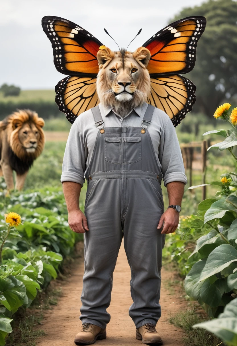 A large butterfly, wearing gray overalls, standing on a farm, with a lion's face