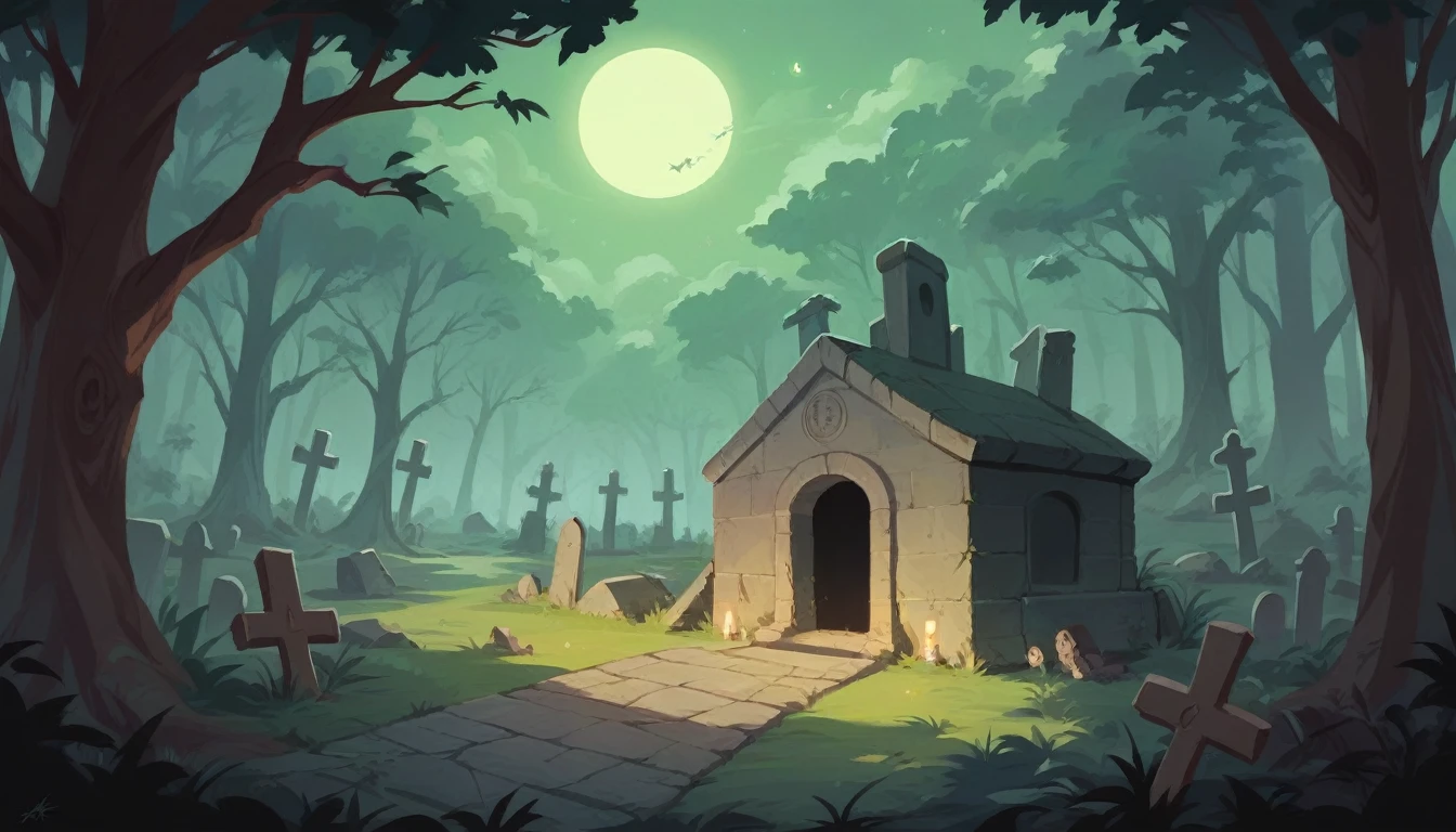 An ancient, human-drawn map of a dark fairytale forest inhabited by all sorts of mythical creatures... grave, cemetery, night, beautiful lighting, 4k, high detail, trees