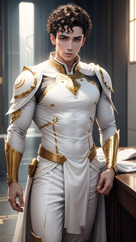 men with short curly hair, white skin, gray eyes, The body is strong and clear., White science fiction costume clothing with gold details., looking forward, confident,