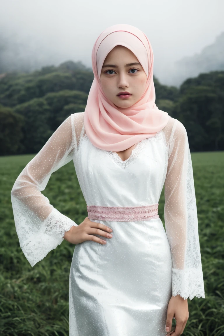 (Portrait of a Malaysian girl, Beaming:1.4), ((Masterpiece, best quality, undercover)), Beautiful woman , (Slim shape, , small breasts, Swollen nipples:1.3), (The skin is extremely shiny and refined.:1.3), leg, (wear hijab, pink see through flare sleeve oversize lace baju kurung:1.4), (Wear a tight satin skirt.:1.3), (sexy, seductive pose:1.3), (see through:1.5), (epic, fog, farm, lagoon, พื้นหลังเนินเlegสวิสสปริงอันเขียวชอุ่ม:1.3), (UHD, 8K wallpaper, high resolution), movie light, Physical rendering, won, Very detailed skin, Carl Zeiss 85 mm. F/1.4, By Ellen von Unwerth,Dasha,Masterpiece,best quality