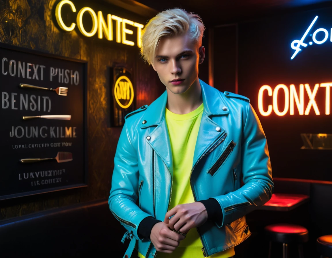 Hyper realistic, dark vibes, solo, young male fashion model, round face shape, 22 years, pale skin, blue eyes, (short textured blond hair:1.1), tussled side swept fringe, black and yellow leather jacket, (holding a knife:1.2), dark lighting, in luxury night club room, (smirk:1.1), (neon sign in background that says "CONTEXT":1.1)