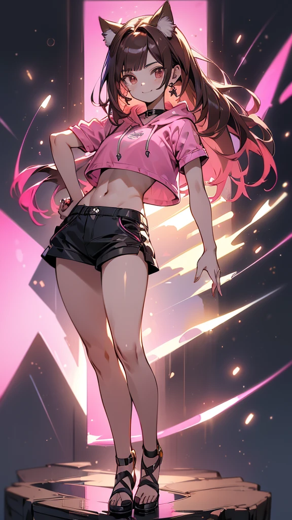 (highest quality, 4k, High resolution, masterpiece:1.2), Super detailed, (anime style, photorealistic:1.37), cinematic light, Bright colors and mesmerizing effects, Soft and delicate lighting, gentle shine, Beautiful and gentle atmosphere throughout the scene, (1girl:1.5), joven, (Cara finamente detallada:1.4, Ropa detallada), (Detallado:1.4) named (Eimi Fukada:1.1) BREAK Cara hermosa, Profundidad de campo, Agregar capa, 27 years old, Modelo de cuerpo perfecto, senos perfectos, 175cm de altura, pose sexy, full body, cuerpo completo, Tipo de cuerpo del modelo, BREAK (pink crop top hoodie:1.5), (black tiny thong, thong intricate:1.4), (Cabello largo:1.3), (brunette:1.1), dark brown hair, doble parpado, (reddish brown eyes:1.5) BREAK blush, long hair, nijistyle, smile, ((Character design sheet)), cute cat ears