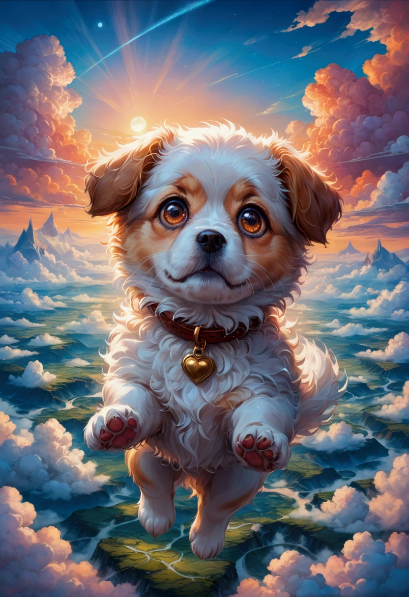 1dog, Flying Puppy, in the middle of the sky, in the sky, a cute puppy flying in the sky, fluffy fur, big eyes, adorable expression, against a colorful sunset sky, (4k,8k,highres:1.2), ultra-detailed, highly detailed, intricate details, soft lighting, warm colors, magical realism, fantasy, masterpiece, best quality, very aesthetic, absurdres