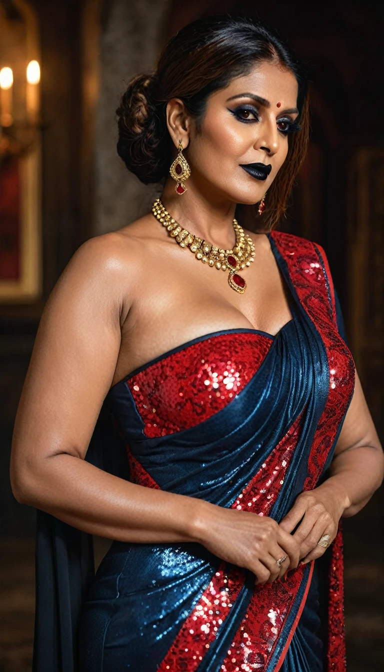 milf like Nayanthara, milf, cougar lady witch, horny Gothic milf, 50 years old gorgeous mature lady, pervert demoness, demoness of lust, curvy, black lips, horny face, extremely gorgeous, thick figure, heavy physique, voluptuous, curvy, sexy figure, Fashionable portrait of androgynous alien looking witch wearing veil, glowing eyes, futuristic design, minimal details, givenchy, photoreal, 200mm, hd, f/ 2.0, highly detailed, surreal, sexy beautiful evil woman, sexy bold sequin Saree with strapless Bra, chudail, Pishachini, horror genre, blood-thirsty enchantress, powerful female spirit, eerie, drop dead, in the style of red and blue, (intricate details, hyperdetailed:1.15) (skin texture:1.2), dark Moody tone, cinematic lighting, haunted place in background,