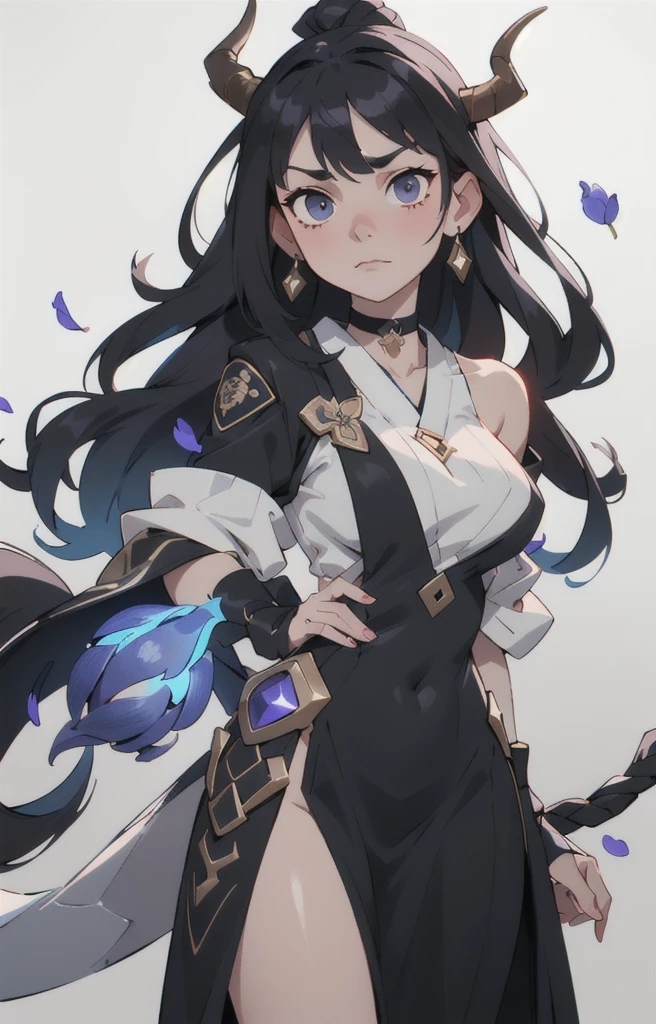 Seven Rhaeyar (Deylta), Ancient Star goddess, Perfect female anatomy (Royalty, Adult Female, 166cm in height, Cool pale skin, slim, slender, 34D breast size, Long Jet Black Hair, Gray Colored Iris , a set of Jet black colored horns with a blue highlight tint on her head), Black Katana with dragon motifs, Black rope accessories and blue rose references. Simple Background, receiving light from the front, Ethereal glow, Japanese inspired,
