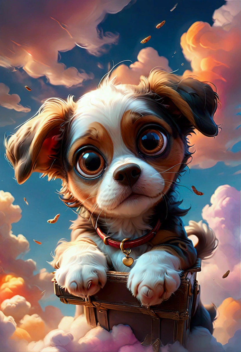 1dog, Flying Puppy, in the middle of the sky, in the sky, a cute puppy flying in the sky, fluffy fur, big eyes, adorable expression, against a colorful sunset sky, (4k,8k,highres:1.2), ultra-detailed, highly detailed, intricate details, soft lighting, warm colors, magical realism, fantasy, masterpiece, best quality, very aesthetic, absurdres