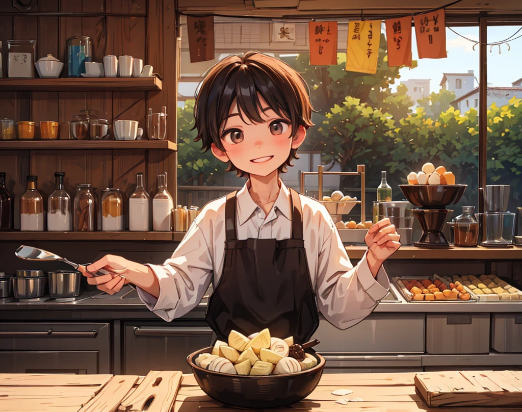 "Villager young (boy) pays less money, smiling confidently while the confectioner (boy) looks shocked."