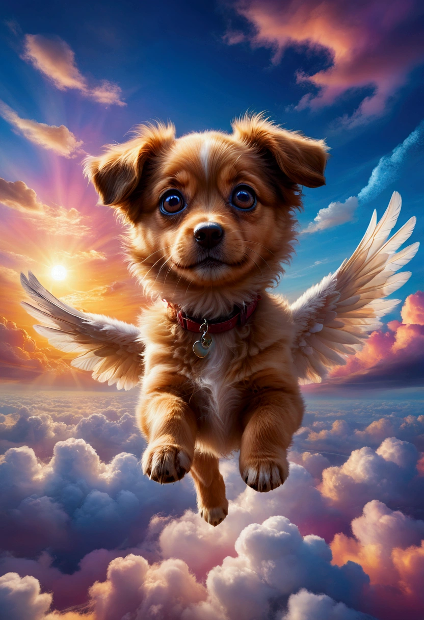 1dog, Flying Puppy, in the middle of the sky, in the sky, a cute puppy flying in the sky, fluffy fur, big eyes, adorable expression, against a colorful sunset sky, (4k,8k,highres:1.2), ultra-detailed, highly detailed, intricate details, soft lighting, warm colors, magical realism, fantasy, masterpiece, best quality, very aesthetic, absurdres