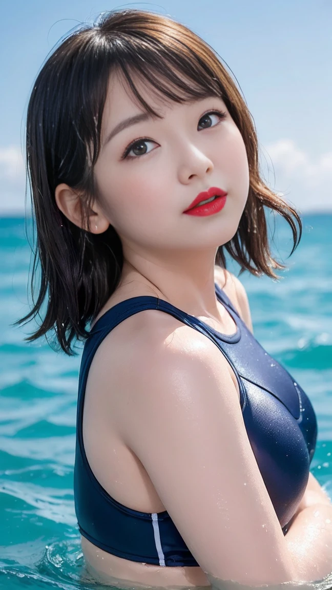 (Horie Yui:1.6)　Japanese Idols　Cute little sister　Mature Woman　Huge 　((A navy blue school swimsuit that is so shiny it reflects light..)),((Blonde Short Hair))　((星空と大きな月が美しい海でswim in the sea))　swim in the sea　Sweaty　((Sweat flows down))　((My face and body are sweaty and wet..))　((Bright red lipstick for plump lips))　((Eyes meet)),upper_Body close-up, look up　My cheeks are red、&#39;Embarrassing　Watery eye