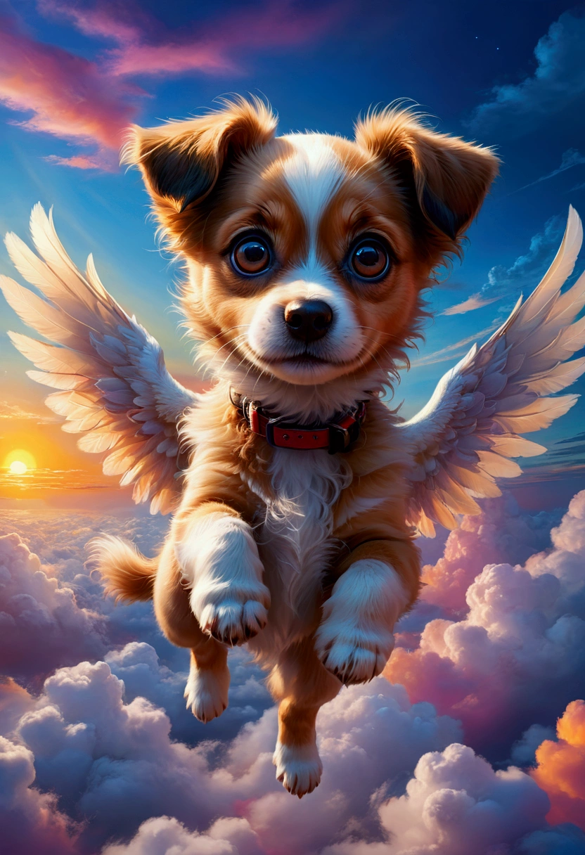 1dog, Flying Puppy, in the middle of the sky, in the sky, a cute puppy flying in the sky, fluffy fur, big eyes, adorable expression, against a colorful sunset sky, (4k,8k,highres:1.2), ultra-detailed, highly detailed, intricate details, soft lighting, warm colors, magical realism, fantasy, masterpiece, best quality, very aesthetic, absurdres