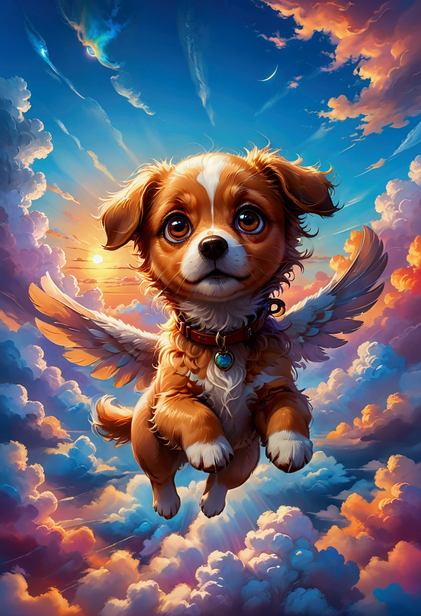 1dog, Flying Puppy, in the middle of the sky, in the sky, a cute puppy flying in the sky, fluffy fur, big eyes, adorable expression, against a colorful sunset sky, (4k,8k,highres:1.2), ultra-detailed, highly detailed, intricate details, soft lighting, warm colors, magical realism, fantasy, masterpiece, best quality, very aesthetic, absurdres