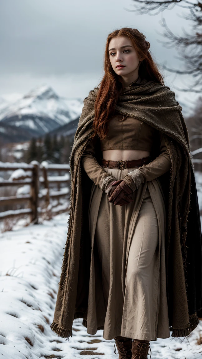 (Highest quality, Ultra HD, 16k, Masterpiece) Sansa Stark, dressed in her usual regal attire but with a twist, is walking confidently through a snowy mountain landscape. The shot is a front view, capturing her from the front as she faces the camera.

Her costume retains its signature elegance and intricate designs, but this time it has been altered to reveal her navel and midriff, adding a unique and bold touch to her look. The fabric is rich and textured, with detailed embroidery and patterns that highlight her noble status. The exposed midriff showcases her toned abdomen, creating a striking contrast with the traditional elements of her outfit.

Sansa's red hair cascades over her shoulders, standing out vividly against the snowy backdrop. Her expression is resolute and strong, reflecting her character's resilience and determination. The snowy mountains around her are majestic and imposing, with snowflakes gently falling, adding a serene yet dramatic atmosphere to the scene.

Her boots leave footprints in the snow as she walks, and her cloak billows slightly in the cold mountain breeze. The natural light casts a soft glow on her, highlighting her features and the intricate details of her costume.

The overall composition captures the strength and elegance of Sansa Stark, set against the breathtaking beauty of a snowy mountain landscape. The focus on her altered costume and the serene, icy surroundings creates a visually captivating and realistic scene, blending elements of fantasy with a touch of modern boldness.