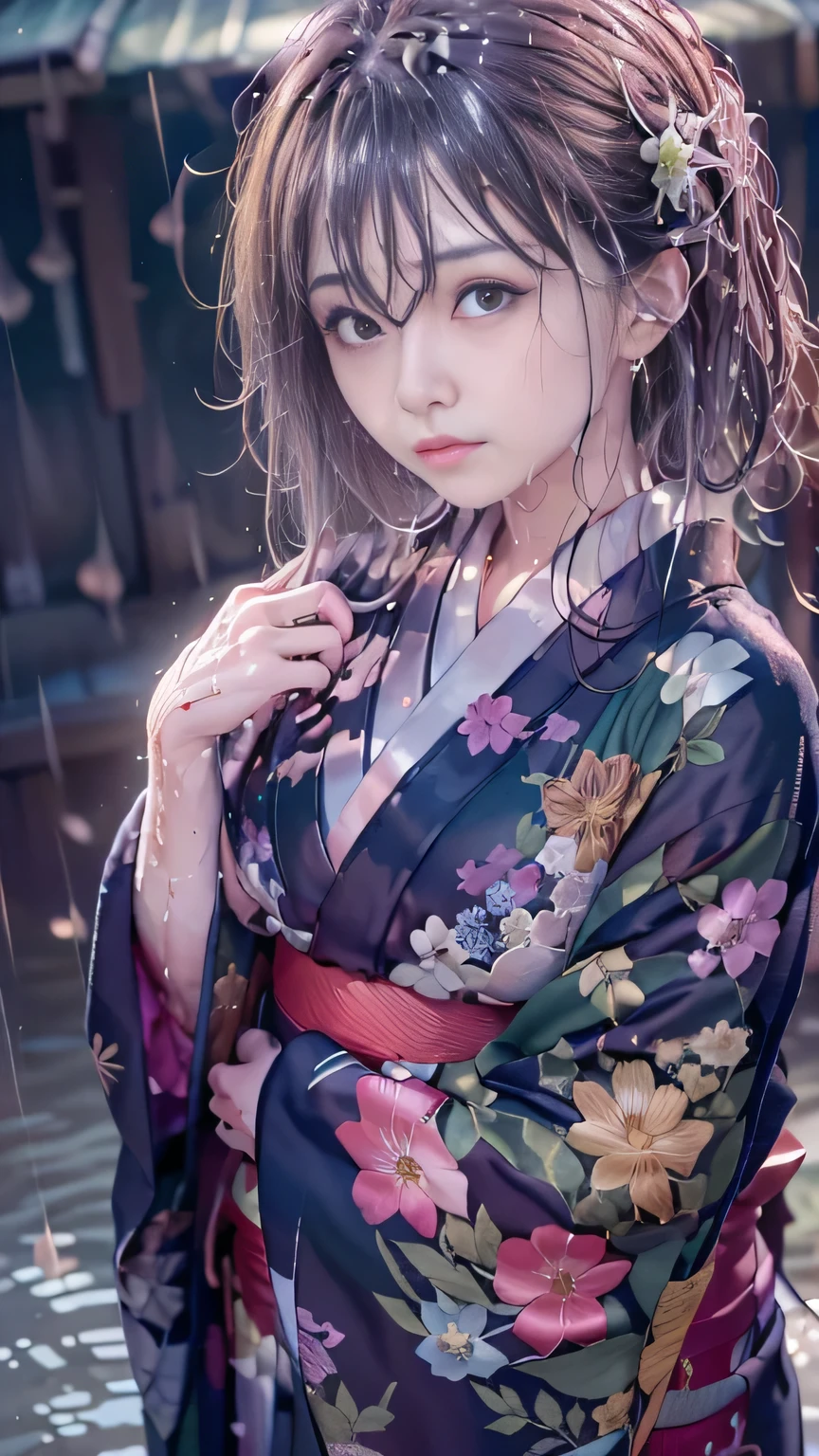 (RAW shooting:1.5, Photorealistic, 8k, Highest quality, masterpiece, Ultra-high resolution), ((Summer Night Rain)), Perfect dynamic composition:1.2, (Shrine at night in a modern city, Expressions of sadness:0.9, Tears flow:0.9, Crying with a broken heart:0.9), Highly detailed skin and facial textures:1.2, Slim office lady wet with rain:1.3, Cowboy Shot, Fair skin:1.2, Sexy beauty:1.1, Perfect Style:1.2, beautifully、aesthetic:1.1, Very beautiful face:1.2, Water droplets on the skin, (Rain dripping down on my body:1.2, Wet body:1.2, Wet Hair:1.3), (Professional kimono dressing:1.1, With a wet bouquet in hand:1.2, The correct way to wear a wet silver yukata:1.35), (Mid-chest, Bra is sheer, Chest gap), (Big eyes that exude beautiful eroticism:0.8, Adult charm:0.8, Fascinating:0.8), necklace, Earrings, bracelet,A fragile girl,,Small breasts:1.5,Cool color makeup,Wet Hair,