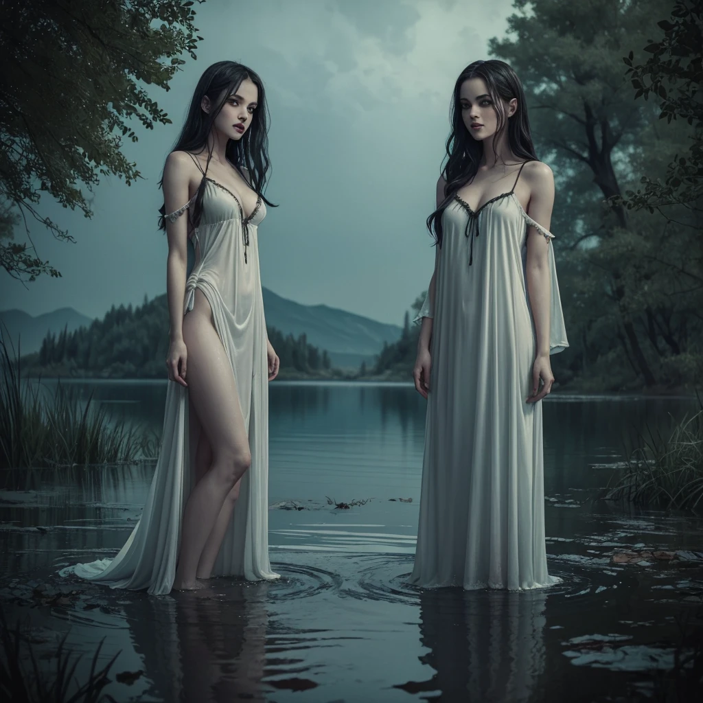 ((Night)) ((a deserted lake)) 3 Vampire women, (full body), fangs bared, sexy pale nightgown, looking at viewer, rises out of the water, soaking wet. style of a painted book illustration, dramatic lighting, (depth of field), ((masterpiece)), ((best quality)), ((highly detailed))