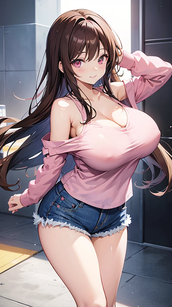 anime girl with big breast posing, seductive anime girl, revealing clothes, attractive anime girl, teasing smile, flowing brown hair, pink eyes, denim shorts, white long sleeve shirt, bare shoulders, cleavage