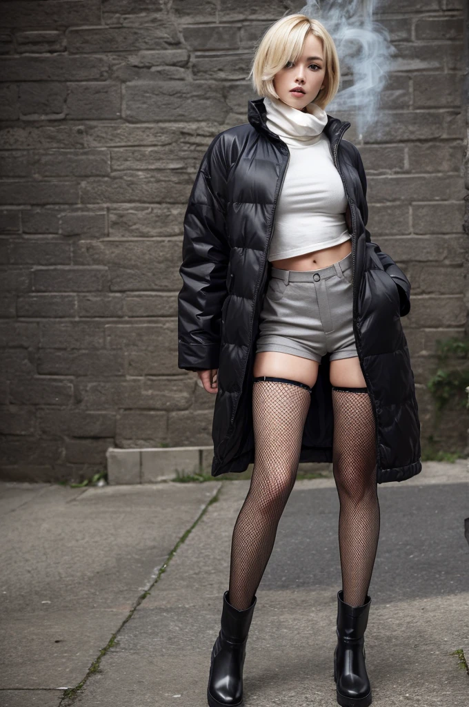 Female, tall, full body, blonde, boyish, short hair, expressionless, large breasts, down coat, short pants, gal, fishnet stockings, long boots, smoking, muscular