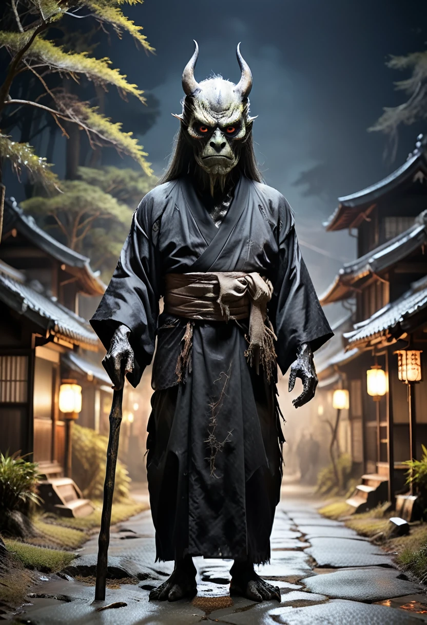 Old-fashioned Japanese town、Night Background、Horror-themed movie stills,、An old monster wearing black kimono、The eyes are narrow、Long head、Using a walking stick
