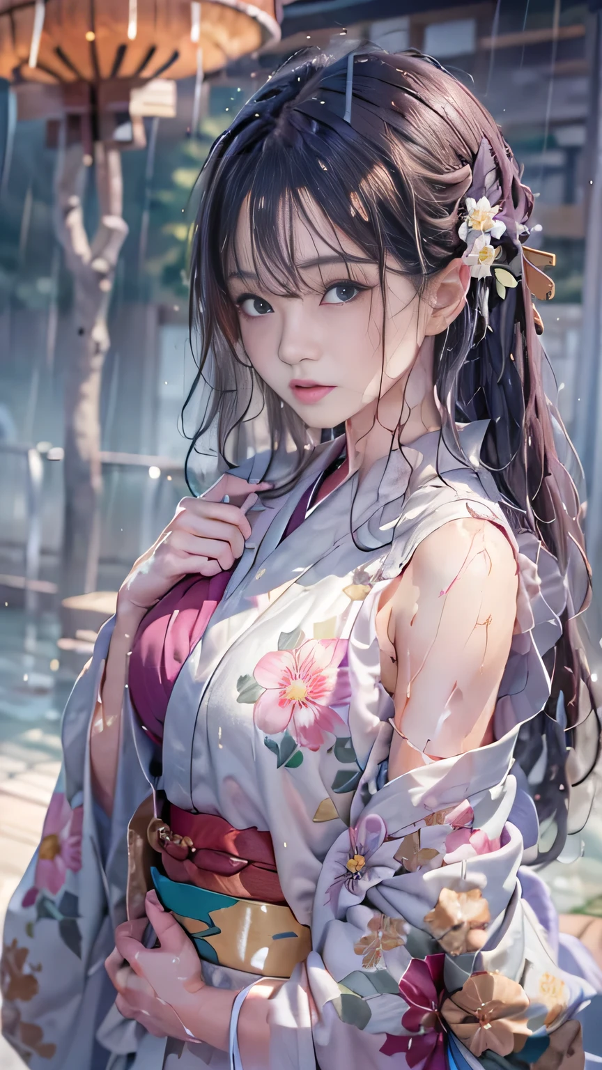 Masterpiece,Extremely detailed Cg Unity 8K wallpaper,1girll, Beautiful,largeeyes, Clear facial features,Realistic, Blurry, Blurry_Background, Blurry_foreground, Chinese pavilions, Earrings,jewelry, nase, Realistic, Solo,Off-the-shoulder Hanfu,Holding an Ollie paper umbrella, rain