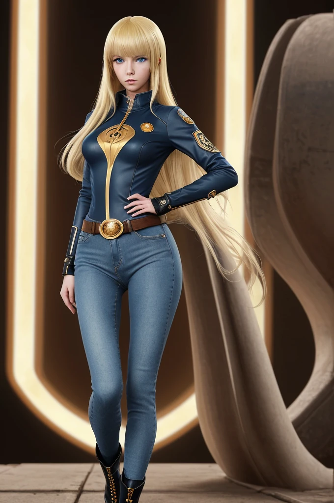 Anime style female character inspired by vintage space opera aesthetics, with elongated facial features, mide 165 cm, has blonde hair, wavy and waist-length with V-shaped bangs, and blue eyes. She is wearing tight jeans with high boots over them, adding an equestrian touch to your ensemble. The character design reflects a mix of space opera elements and realistic body proportions, highlighting her strong but feminine presence, He has a pirate symbol on his shirt