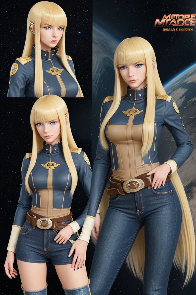 Anime style female character inspired by vintage space opera aesthetics, with elongated facial features, mide 165 cm, has blonde hair, wavy and waist-length with V-shaped bangs, and blue eyes. She is wearing tight jeans with high boots over them, adding an equestrian touch to your ensemble. The character design reflects a mix of space opera elements and realistic body proportions, highlighting her strong but feminine presence, He has a pirate symbol on his shirt