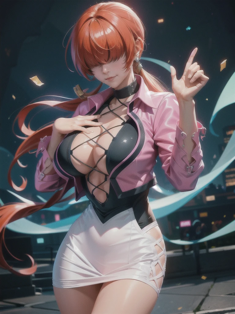 (at night), in a video game scene a blue background of moving circles, standing at attention, pink suit, pink jacket, choker, neckline, cut of clothing, earrings, has long bangs in her hair that covers her eyes ((hair over eyes)), 1 girl, 20 years old, young woman, beautiful finger, beautiful long legs, beautiful body, beautiful nose, beautiful character design, perfect face, looking at viewer with serious gesture, stands on a phone call with his cell phone in hand (focusing on his face), closed mouth, Light_Smile, official art, extremely detailed CG unity 8k wallpaper, perfect lighting, bright and colorful front lighting, glowing skin (masterpiece: 1.0), (best_quality: 1.0), ultra high resolution, 4K, ultra detailed photography, 8K, HDR, high resolution, absurd:1.2, Kodak portra 400, film grain, blurred background, bokeh:1.2, lens flare, (vibrant_color:1.2 ), professional photography, (Beautiful, breasts: 1.4), (beautiful_face: 1.5), (narrow waist),