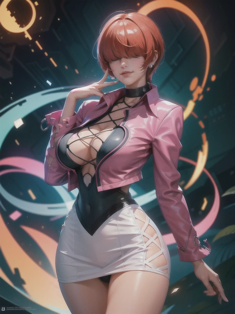(at night), in a video game scene a blue background of moving circles, standing at attention, pink suit, pink jacket, choker, neckline, cut of clothing, earrings, has long bangs in her hair that covers her eyes ((hair over eyes)), 1 girl, 20 years old, young woman, beautiful finger, beautiful long legs, beautiful body, beautiful nose, beautiful character design, perfect face, looking at viewer with serious gesture, stands on a phone call with his cell phone in hand (focusing on his face), closed mouth, Light_Smile, official art, extremely detailed CG unity 8k wallpaper, perfect lighting, bright and colorful front lighting, glowing skin (masterpiece: 1.0), (best_quality: 1.0), ultra high resolution, 4K, ultra detailed photography, 8K, HDR, high resolution, absurd:1.2, Kodak portra 400, film grain, blurred background, bokeh:1.2, lens flare, (vibrant_color:1.2 ), professional photography, (Beautiful, breasts: 1.4), (beautiful_face: 1.5), (narrow waist),