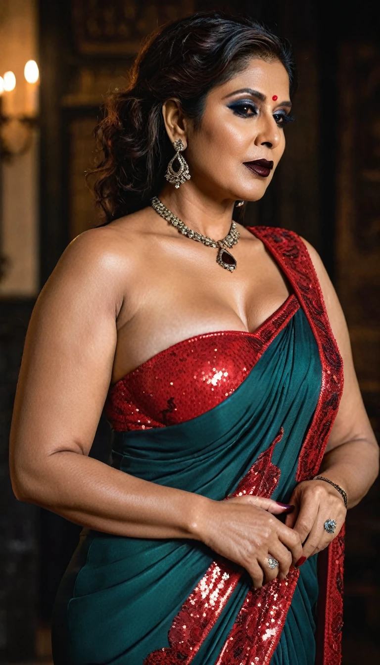 milf like Nayanthara, milf, cougar lady witch, horny Gothic milf, 50 years old gorgeous mature lady, pervert demoness, demoness of lust, curvy, black lips, horny face, extremely gorgeous, thick figure, heavy physique, voluptuous, curvy, sexy figure, Fashionable portrait of androgynous alien looking witch wearing veil, glowing eyes, futuristic design, minimal details, givenchy, photoreal, 200mm, hd, f/ 2.0, highly detailed, surreal, sexy beautiful evil woman, sexy bold sequin Saree with strapless Bra, chudail, Pishachini, horror genre, blood-thirsty enchantress, powerful female spirit, eerie, drop dead, in the style of red and blue, (intricate details, hyperdetailed:1.15) (skin texture:1.2), dark Moody tone, cinematic lighting, haunted place in background, ((big cleavage))
