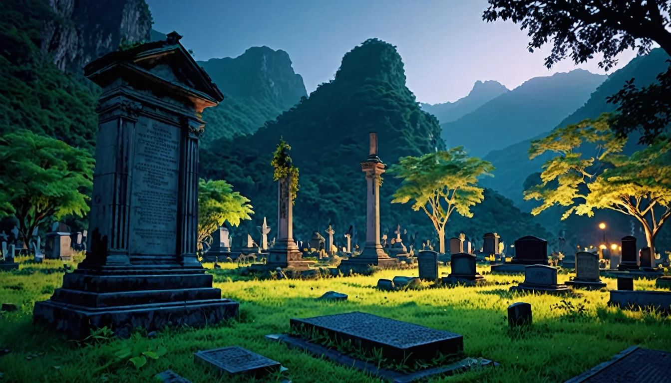 Create a work of art of a valley hidden between towering mountains., with old age, The legendary ruins are partially visible through the foliage.. A mix of warm and cool tones is used to highlight the enchanting and mysterious nature of the place..grave, cemetery, night, beautiful lighting, 4k, high detail, trees