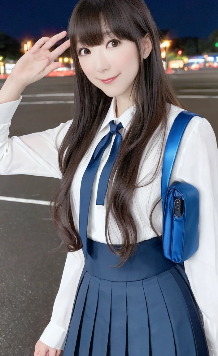 Product quality, One girl, Upper Body Shot, Front view, Young and beautiful woman in Japan, Long Bob Hair, Standing on a crowded sidewalk at night with a big smile on his face, A backpack on the shoulder, Attractive person, Wear a long-sleeved white collared silk satin shirt and a long plain dark blue shiny satin tie, Wearing a dark blue pleated long skirt, Super cute face, Glossy Lips, Double eyelids on both eyes, Natural Makeup, Long eyelashes, shiny smooth light brown Long Bob Hair, Asymmetrical bangs, Sunburned skin, Center image, High resolution, Attention to detail, Detailed hairstyle, Detailed face, Spectacular movie lighting, Octane Rendering, Vibrant, Ultra-realistic, Perfect limbs, Perfect Anatomy,(Horie Yui:1.6)