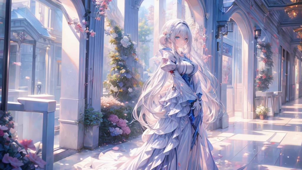 Anime girl with long white hair and blue eyes standing in front of a building., Girl with white hair, 4K anime style, Perfect white hair girl, anime art wallpaper 4k, anime art wallpaper 4k, anime art wallpaper 8k, beautiful animated portrait, beautiful anime girl, 4k anime wallpaper, detailed digital anime art, anime girl portrait, beautiful anime woman