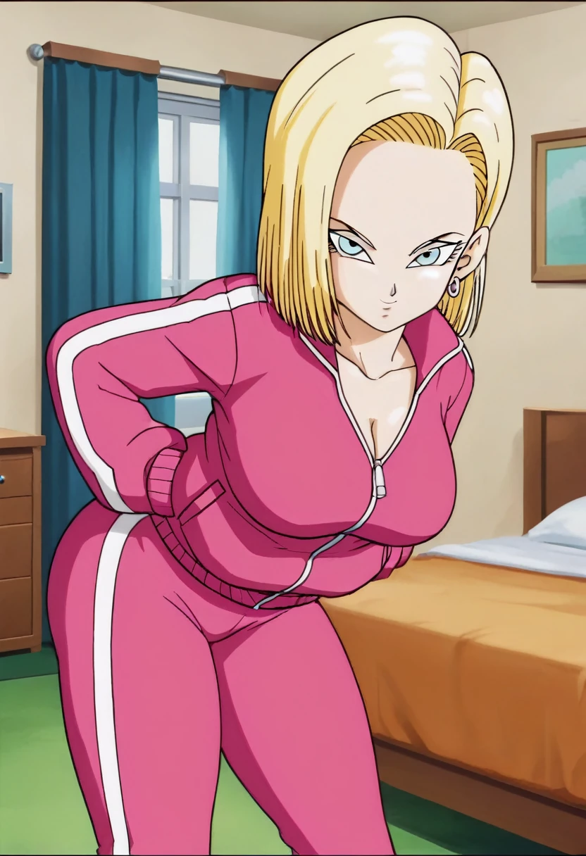 source_anime, score_9, score_8_up, score_7_up, anime screencap,
detailed face, android 18, supertop, 1girl, solo, looking at viewer, short hair, blue eyes, blonde hair, Big breasts, collarbone, hoop earrings, bedroom, collar up, track jacket, pink jacket, track suit, track pants, pink pants, standing, hands in pockets, bent over, Big ass, sexy ass, thick legs, wide hips, big cleavage, open the zipper