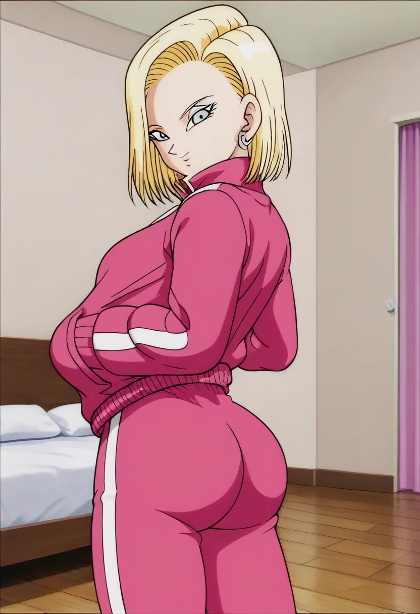 source_anime, score_9, score_8_up, score_7_up, anime screencap,
detailed face, android 18, supertop, 1girl, solo, looking at viewer, short hair, blue eyes, blonde hair, Big breasts, collarbone, hoop earrings, bedroom, collar up, track jacket, pink jacket, track suit, track pants, pink pants, standing, hands in pockets, bent over, Big ass, sexy ass, thick legs, wide hips, big cleavage, open the zipper 
