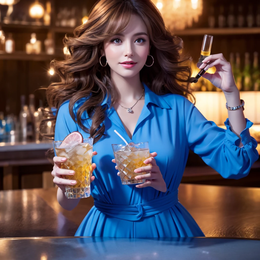 Woman, brunette big hair, curled hair, holding a glass of drink. blue clothing, PICTURE REALISTIC, 4k full hd, extremely lifelike