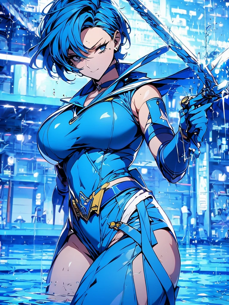 Sailor mercury in full police suit,long blue hair,Blue Power Ranger, hurricane ,Sexy goth woman big breast, character sheet,inside a pool,High Resolution, Large breasts, cyber samurai,ice swords
