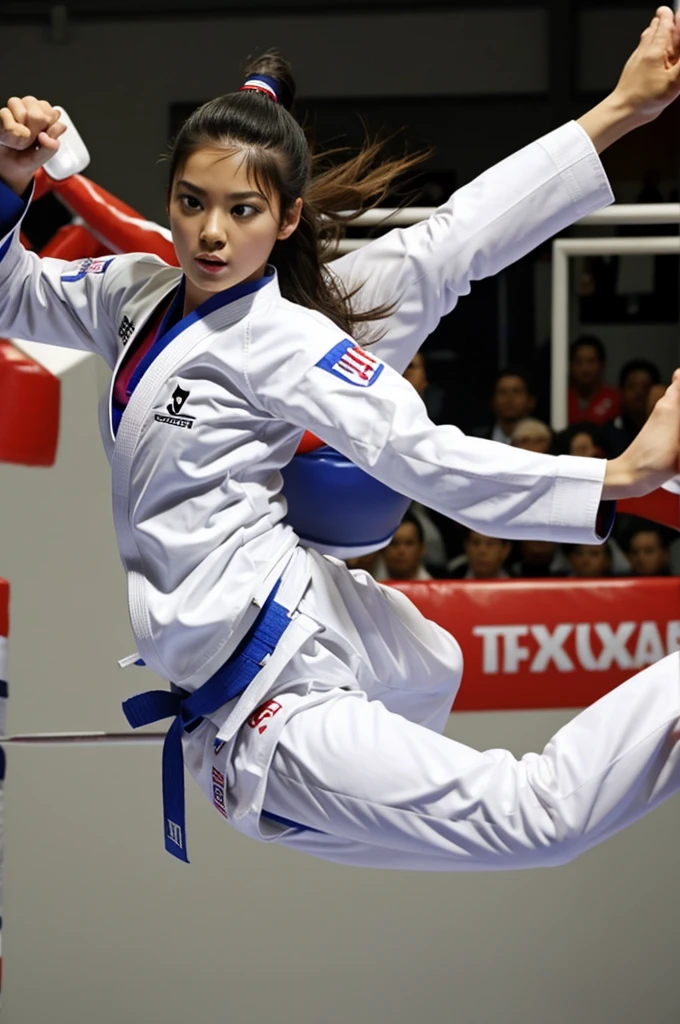 Creates a woman in a taekwondo suit showing her feet