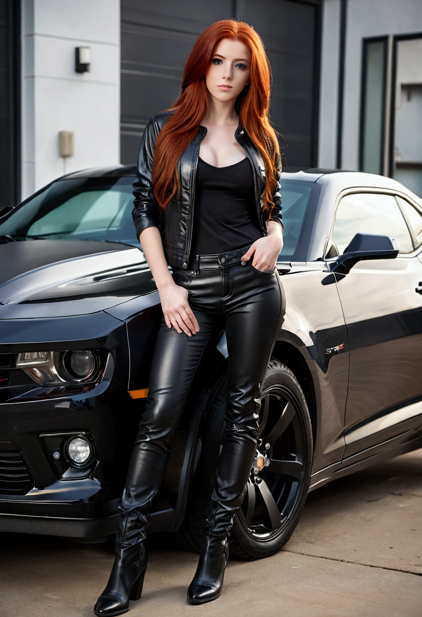 ultra realistic, photography, long red hair, girl, 24 years old, hourglass figure, perfect body, small breasts, Flirty look, extremely detailed artgerm, in the style artgerm, facing the camera, lens 35 mm, blur background, chevrolet camaro SS 1968, leaning against car door, leather jacket, tight tshirt, leatherpants, leatherboots,