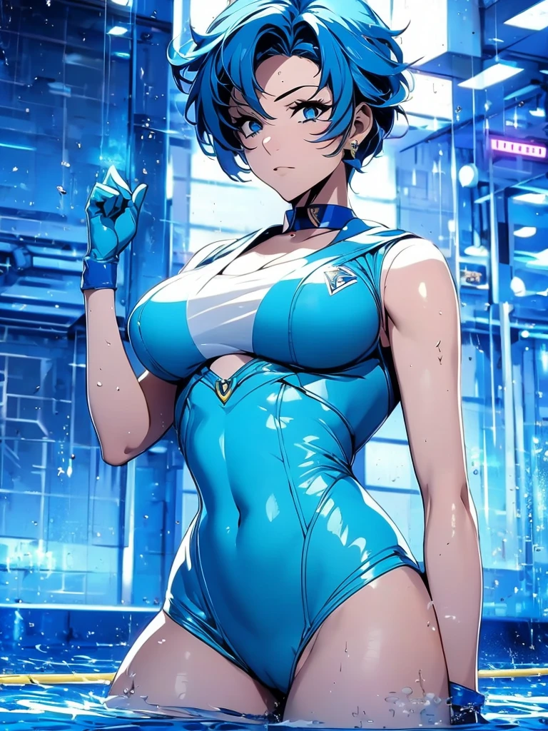 Sailor mercury in full police suit,long blue hair,Blue Power Ranger, hurricane ,Sexy goth woman big breast, character sheet,inside a pool,High Resolution, Large breasts, cyber samurai,
