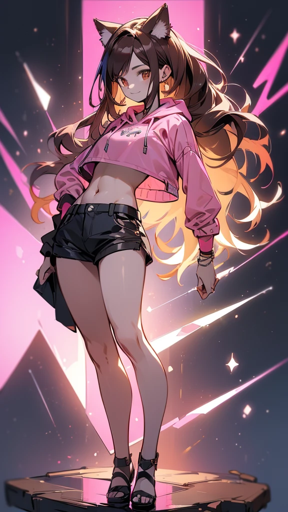 (highest quality, 4k, High resolution, masterpiece:1.2), Super detailed, (anime style, photorealistic:1.37), cinematic light, Bright colors and mesmerizing effects, Soft and delicate lighting, gentle shine, Beautiful and gentle atmosphere throughout the scene, (1girl:1.5), joven, (Cara finamente detallada:1.4, Ropa detallada), (Detallado:1.4) named (Eimi Fukada:1.1) BREAK Cara hermosa, Profundidad de campo, Agregar capa, (27 years old:1.5), Modelo de cuerpo perfecto, senos perfectos, 175cm de altura, pose sexy, full body, cuerpo completo, Tipo de cuerpo del modelo, BREAK (pink crop top hoodie:1.5), (black tiny thong, thong intricate:1.4), (Cabello largo:1.3), (brunette:1.1), dark brown hair, doble parpado, (reddish brown eyes:1.5) BREAK blush, long hair, nijistyle, smile, ((Character design sheet)), cute cat ears, enchanted fairy
