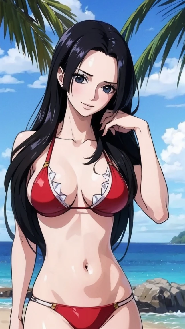 best quality, masterpiece, highly detailed,1girl, (detail light), Boa Hancock,, (masterpiece:1.5), Detailed Photo, Smiling,(8K, Photorealistic, Best Quality: 1.4), (1girl), Beautiful Face, (anime realistic Face), (Black Hair, long Hair: 1.3), Beautiful Hairstyle, Realistic eyes, beautiful detail eyes, (realistic skin), beautiful skin, absurd, attractive, ultra high resolution, ultra realistic, high definition, beach background, large breasts, red bikini
