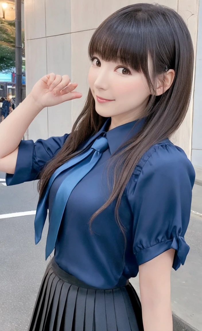 Product quality, One girl, Upper Body Shot, Front view, Young and beautiful woman in Japan, Long Bob Hair, Standing on a crowded sidewalk at night with a big smile on his face, A backpack on the shoulder, Attractive person, Wear a long-sleeved white collared silk satin shirt and a long plain dark blue shiny satin tie, Wearing a dark blue pleated long skirt, Super cute face, Glossy Lips, Double eyelids on both eyes, Natural Makeup, Long eyelashes, shiny smooth light brown Long Bob Hair, Asymmetrical bangs, Sunburned skin, Center image, High resolution, Attention to detail, Detailed hairstyle, Detailed face, Spectacular movie lighting, Octane Rendering, Vibrant, Ultra-realistic, Perfect limbs, Perfect Anatomy,(Horie Yui:1.6)