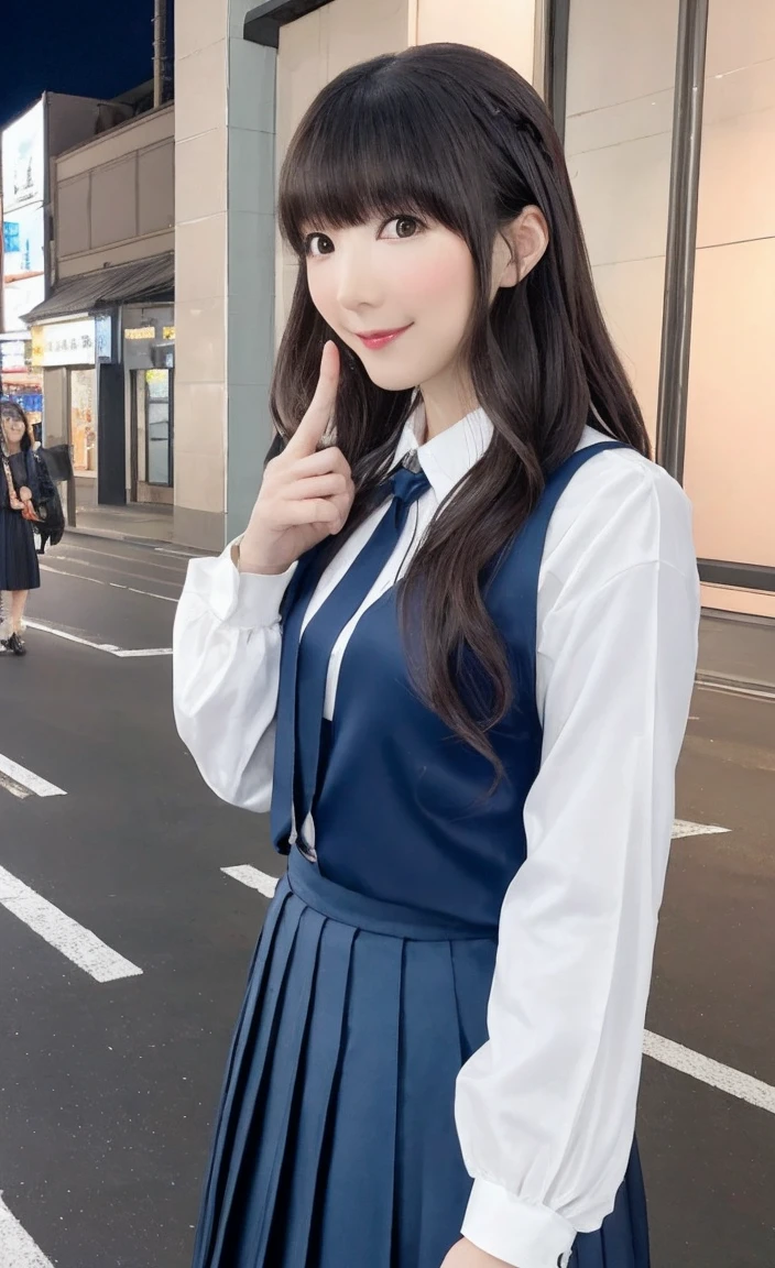 Product quality, One girl, Upper Body Shot, Front view, Young and beautiful woman in Japan, Long Bob Hair, Standing on a crowded sidewalk at night with a big smile on his face, A backpack on the shoulder, Attractive person, Wear a long-sleeved white collared silk satin shirt and a long plain dark blue shiny satin tie, Wearing a dark blue pleated long skirt, Super cute face, Glossy Lips, Double eyelids on both eyes, Natural Makeup, Long eyelashes, shiny smooth light brown Long Bob Hair, Asymmetrical bangs, Sunburned skin, Center image, High resolution, Attention to detail, Detailed hairstyle, Detailed face, Spectacular movie lighting, Octane Rendering, Vibrant, Ultra-realistic, Perfect limbs, Perfect Anatomy,(Horie Yui:1.6)