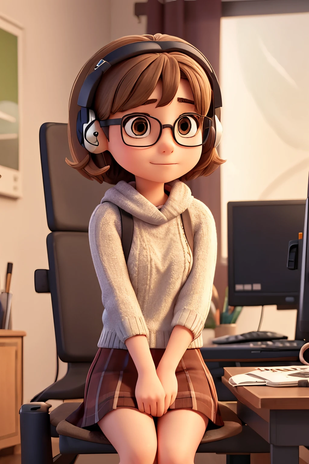 Girl sitting listening to music , using your phone and computer, dressed in skirt and sweater, short hair with glasses