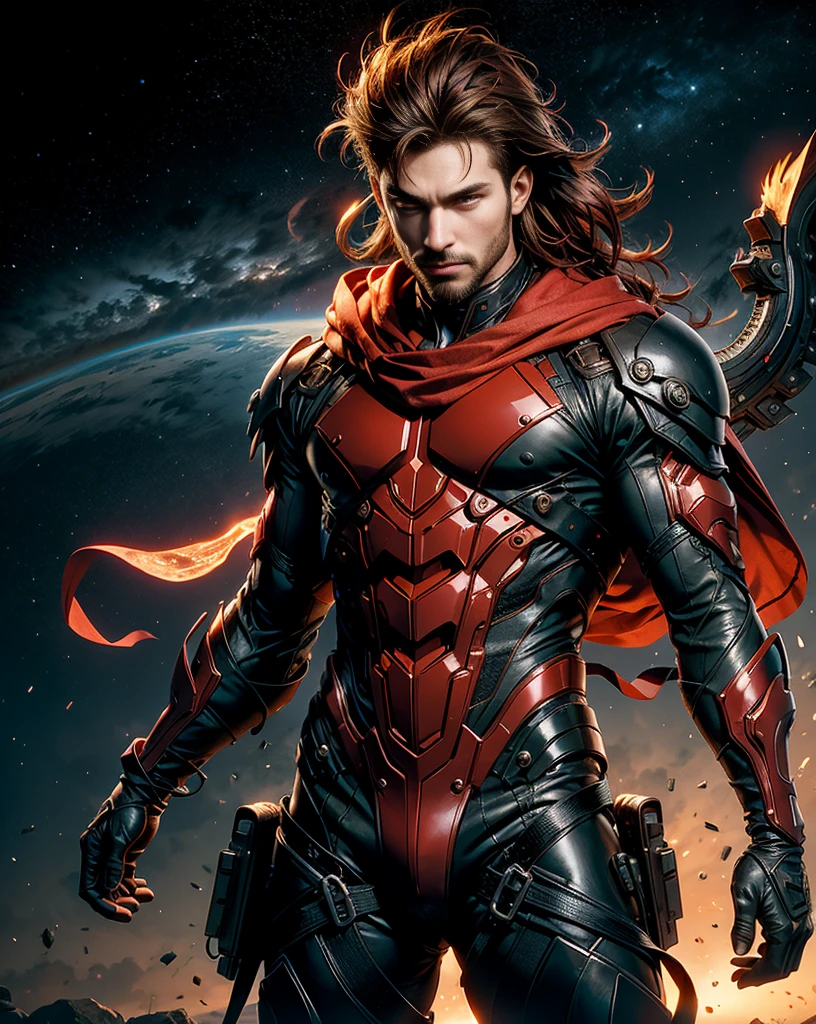 A man , sixpack , holdibg a trident, long hair in space (absurdres, highres, ultra detailed), masterpiece, best quality, a boy with in black outfit, red cape, wizard, solo, handsome, short hair, red hair, vibrant red eye, glowing eye, glow effect, finely eye, detailed face, red flame, spark, swirl, isolated land background, from below, look down, look at viewer, cowboy shot