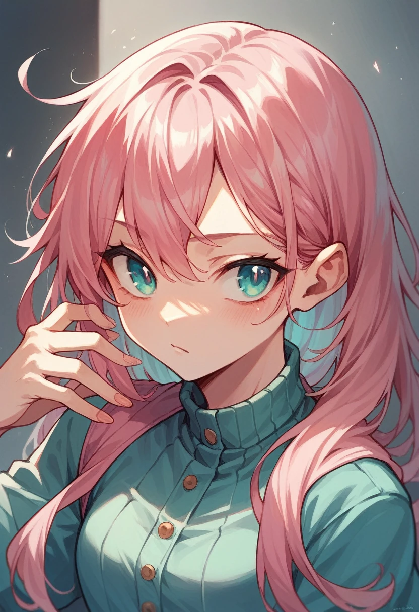 Create a stylish female anime character with pink hair colour and cyan colour eyes