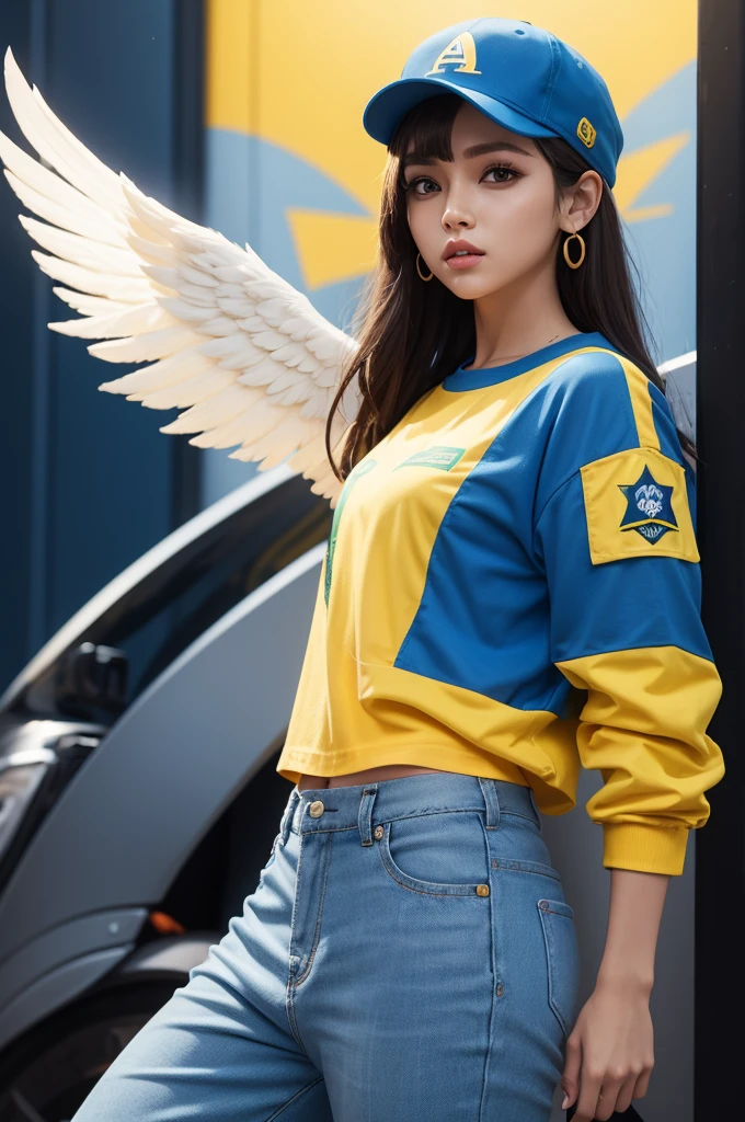 Free fire style character with blue national cap and yellow Brazil shirt and angelic pants
