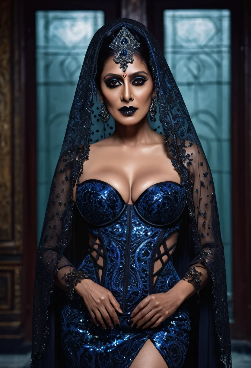 milf like Nayanthara, milf, cougar lady witch, horny Gothic milf, 50 years old gorgeous mature lady, pervert demoness, demoness of lust, curvy, black lips, horny face, extremely gorgeous, thick figure, heavy physique, voluptuous, curvy, sexy figure, Fashionable portrait of androgynous alien looking witch wearing veil, glowing eyes, futuristic design, minimal details, givenchy, photoreal, 200mm, hd, f/ 2.0, highly detailed, surreal, sexy beautiful evil woman, sexy bold sequin Saree with strapless Bra, chudail, Pishachini, horror genre, blood-thirsty enchantress, powerful female spirit, eerie, drop dead, in the style of red and blue, (intricate details, hyperdetailed:1.15) (skin texture:1.2), dark Moody tone, cinematic lighting, haunted place in background, ((big cleavage))