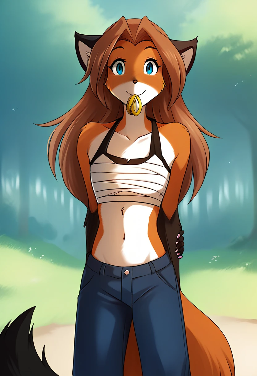 score_9, score_8_up, score_7_up, score_6_up, score_5_up, score_4_up, rating_explicit, source_furry, female, cute anthro female, cute face, detailed background, looking at viewer, solo, solo focus, (digital pen line-art, soft lines, soft shading, pinup, cartoon, anime:1.2), (tklaura, fox, brown hair, long hair, mammal, blue eyes, anthro, fox ears:1.3), (bandaged breasts:1.3), (red saggy pants:1.3), midriff, smile, (sakura trees:1.3), (straw in the mouth:1.3), (japan, sakura:1.3), katana, (blue open school tailcoat,:1.3), flat chest, 