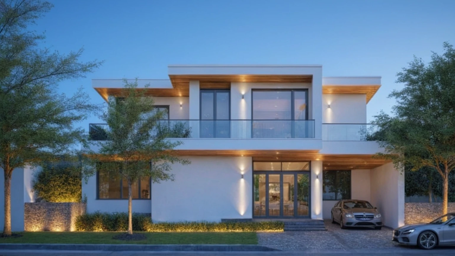 (Description of the first floor, ((white wall:1.2) mix design (Black aluminum brace separates villa floors)) , Precise lighting design, glass ceiling, and additional black marble map, (LED aluminum bar lights installed in ceiling and ceiling for exterior design), (2-sided spotlight for exterior design on the fence and door of the house), lighting steps leading up to planting flowers), modern villa design, (block sidewalks and asphalt roads), (day sky background), Low trees around the house, (mid day), (Neutral lighting is suitable for the townhouse, light color thermometer lighting), (architectural design visualization), (reflection), (focus on object), (material normal bump real reflection), (scattered light), (light ray), (multi-beam light), (sunbeam) (multi-level reflection), (chao vantage software visualization render),(((Best Quality))), ((Masterpiece)), ((best illustration)), ((best shadows)), ((Super Detail)), (Intricate lines), (Photorealism),(hyper detail), ((archdaily)), ((award winning design)), (dynamic light), ((day)), spotlight, (perfect light), (shimering light), ((photorealistic)), ((intricate detail)), ((extreme detail)), ((crazy detail)), ((octane render)), ((trending on artstation)), ((High-fidelity)), ((Viwvid)), ((Crisp)), ((Bright)), ((Stunning)), ((Eye-catching)), ((High-quality)),((Sharp))((Bright)), ((Stunning)), ((natural sun environment)), ((Eye-catching)), ((Illuminating)), ((Flawless)), ((High-quality)),((Sharp edge render)), ((medium soft lighting)), ((photographic render)), ((detailed archviz)), ((reality environment)), (modern villa design architectural design facade), (modern villa facade roof design), (modern villa facade wall design), (modern villa facade decoration material design) (modern villa door and window design modern), (environmental lighting design), (modern villa lighting design), (modern villa front gate and fence design), (Design lights for gate posts and fences), (modern villa facade railing design),