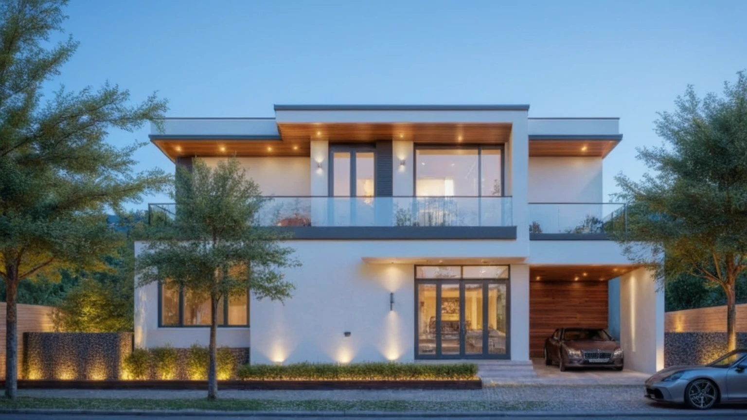 (Description of the first floor, ((white wall:1.2) mix design (Black aluminum brace separates villa floors)) , Precise lighting design, glass ceiling, and additional black marble map, (LED aluminum bar lights installed in ceiling and ceiling for exterior design), (2-sided spotlight for exterior design on the fence and door of the house), lighting steps leading up to planting flowers), modern villa design, (block sidewalks and asphalt roads), (day sky background), Low trees around the house, (mid day), (Neutral lighting is suitable for the townhouse, light color thermometer lighting), (architectural design visualization), (reflection), (focus on object), (material normal bump real reflection), (scattered light), (light ray), (multi-beam light), (sunbeam) (multi-level reflection), (chao vantage software visualization render),(((Best Quality))), ((Masterpiece)), ((best illustration)), ((best shadows)), ((Super Detail)), (Intricate lines), (Photorealism),(hyper detail), ((archdaily)), ((award winning design)), (dynamic light), ((day)), spotlight, (perfect light), (shimering light), ((photorealistic)), ((intricate detail)), ((extreme detail)), ((crazy detail)), ((octane render)), ((trending on artstation)), ((High-fidelity)), ((Viwvid)), ((Crisp)), ((Bright)), ((Stunning)), ((Eye-catching)), ((High-quality)),((Sharp))((Bright)), ((Stunning)), ((natural sun environment)), ((Eye-catching)), ((Illuminating)), ((Flawless)), ((High-quality)),((Sharp edge render)), ((medium soft lighting)), ((photographic render)), ((detailed archviz)), ((reality environment)), (modern villa design architectural design facade), (modern villa facade roof design), (modern villa facade wall design), (modern villa facade decoration material design) (modern villa door and window design modern), (environmental lighting design), (modern villa lighting design), (modern villa front gate and fence design), (Design lights for gate posts and fences), (modern villa facade railing design),